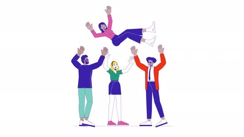 Diverse team throwing female leader in air line cartoon animation