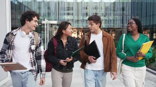 College Student Friends Talking and Walking Out of University School Campus