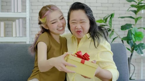 Daughter Giving Birthday Gift to Mother at Home