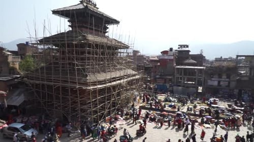 Panoramic top view of crowded Durbar Square in Bhaktapur city, Nepal