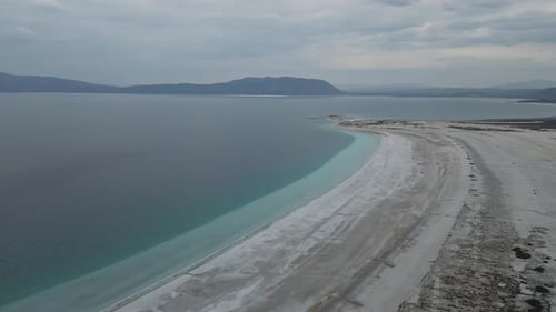 Diagonal Aerial View of Salda Lake Turquoise Shoreline