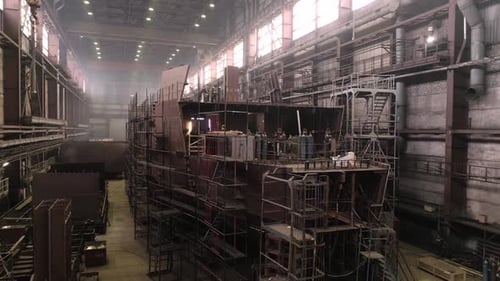 Assembling of Large Ship with Supplies and High Scaffolds
