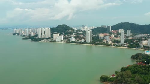 Batu Ferringhi coastline aerial view, Penang Island, Malaysia