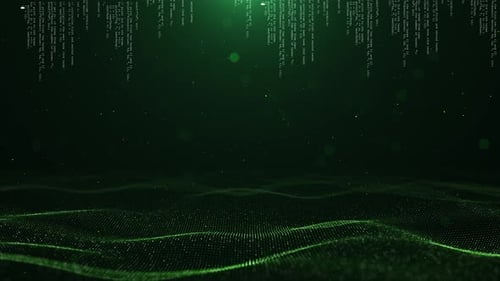 Holograma de onda de dados digital abstrato Código 3D Edifícios digitais Partículas de Big Data Código binário brilhante