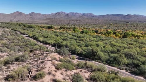 Aerial view of road through desert landscape, United States.