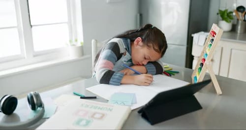 Home school, sleep and tired child with tablet, notebook and fatigue in learning