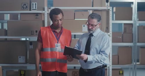 Couple of Handsome Men Cooperating at Post Office Company Caucasian and African Executives Working