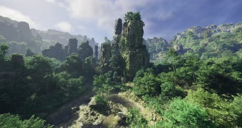 Lush Green Landscape with Towering Rock Formations Under a Bright Sky