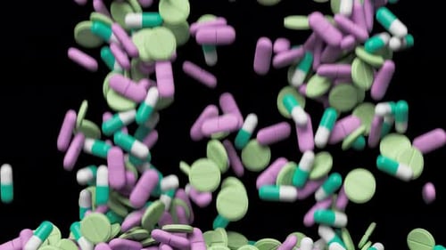 Las tabletas verdes y violetas caen y llenan la pantalla Medicamentos, píldoras, tabletas, Medicine Concept, renderizado 3D