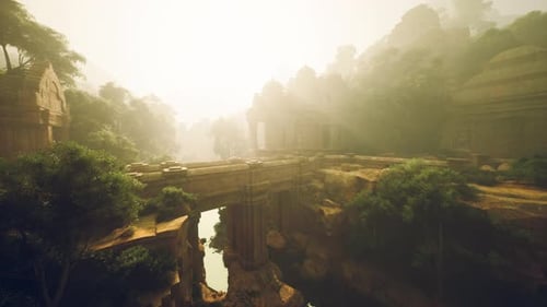 Overgrown Ruin Spans Deep Canyon Amidst Morning Haze Illumination