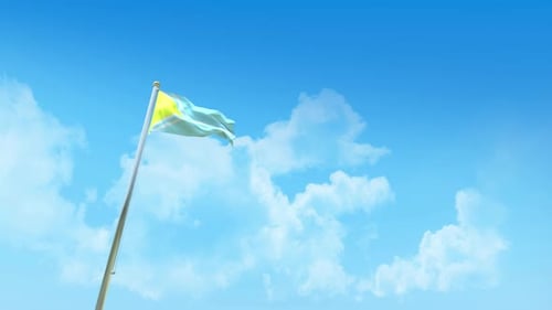 3D-Renderanimation der Flagge von Tuva auf dem Pol mit blauem Himmel und Wolken — Ansicht aus tiefem Winkel
