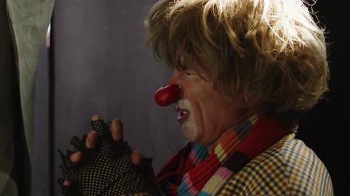 Clown with Bright Hair and Makeup Performing