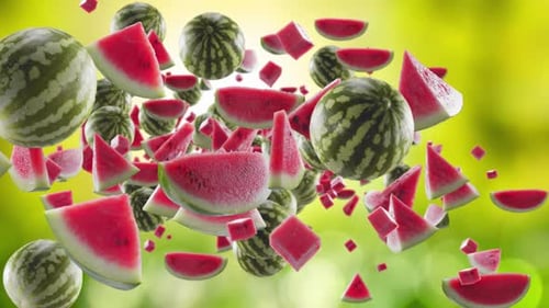 Burst of Watermelon and Watermelon Slices in Garden Green Nature Background