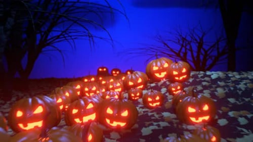 Halloween Glowing Jack-o'-Lanterns in Spooky Night Forest Scene