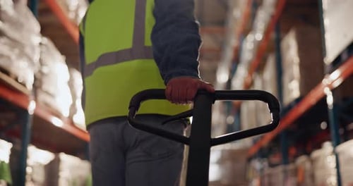 Logistics, boxes and person in warehouse with trolley, storage management and shipping for export