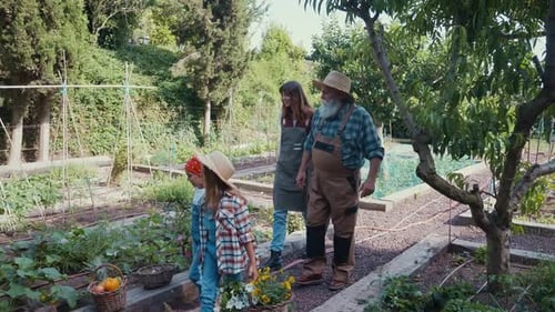 Happy family in a vegetable garden