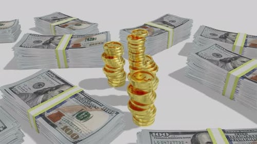 Growing Stacks of Hundred Dollar Bills and Gold Coins