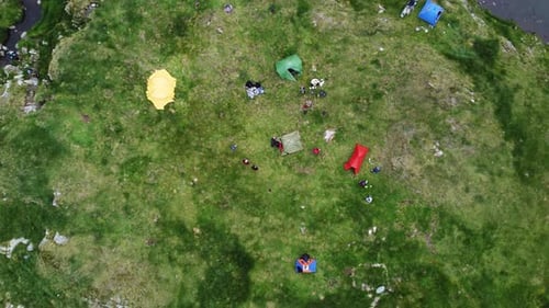 Top View in the Mountains Tourist Tents From a Bird's Eye View