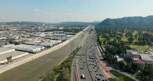 Traffic on a highway junction. Aerial view of road interchange