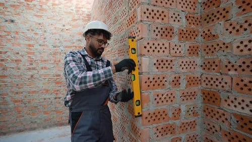 Construction Worker Using Bubble Level on Brick Wall