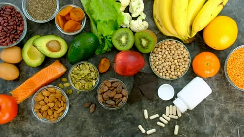 Selection of Healthy Foods and Vitamin Supplements