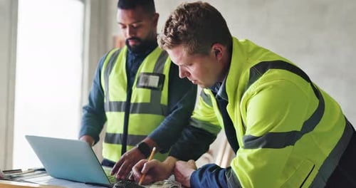 Teamwork, planning and architecture with people and laptop for construction site