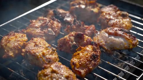 Chicken Barbecue Frying on Ecological Grill Bio Chicken Thighs Grilling on Wood Smoking Coals