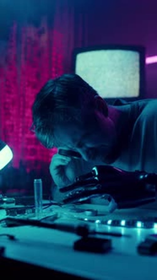 Tech Expert Assembling Electronics in Neon Lit Room