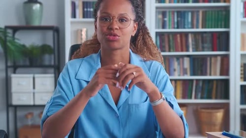 Camera View Young African American Woman Business Coach Recording Webinar