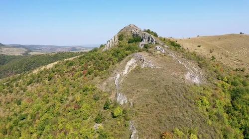 Aerial view of rocky mountain slope covered with forest by drone
