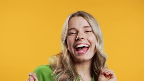Positive Woman Funny Dancing Yellow Studio Favorite Music Smilingamazing Day