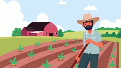 Cartoon Farmer Working In Field 4k