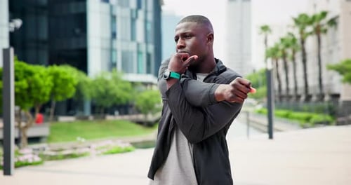 Stretching, fitness and health with black man in city for sports, start and muscle