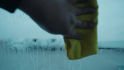 Hand wiping condensation off a window with a yellow microfiber