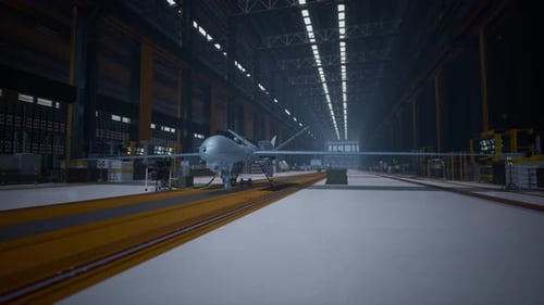 Military Drone or Unmanned Aerial Vehicle UAV in Hangar