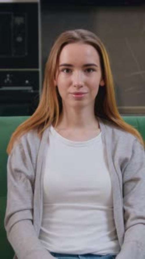 Portrait of Cheerful Woman Looking at Camera at Kitchen Beautiful Teen Girl Posing at Home Beautiful