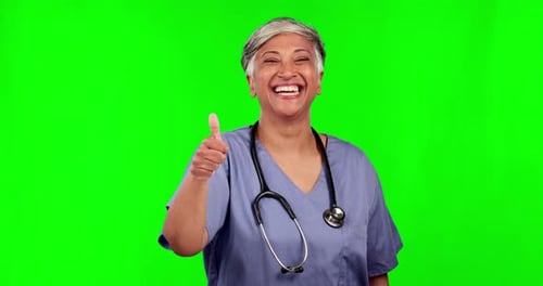 Thumbs up, doctor woman and green screen for healthcare success, yes and like