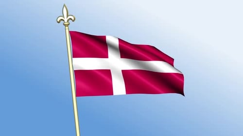 Denmark Flag Waving on Flagpole Against Blue Sky