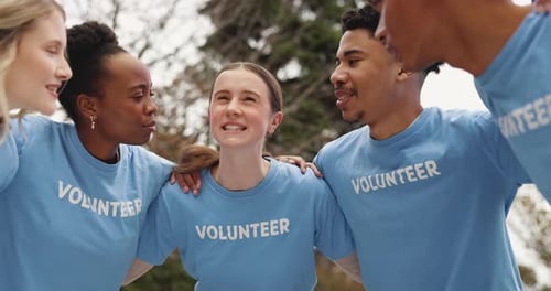 People, volunteer and diversity in circle at park for charity, discussion