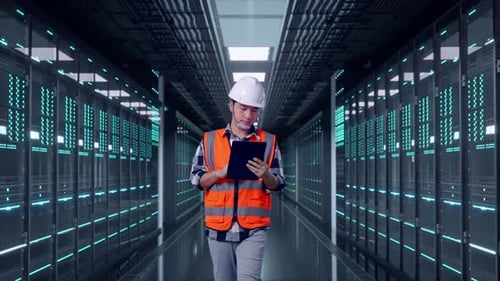 Asian Male Use Tablet While Walking in Data Center