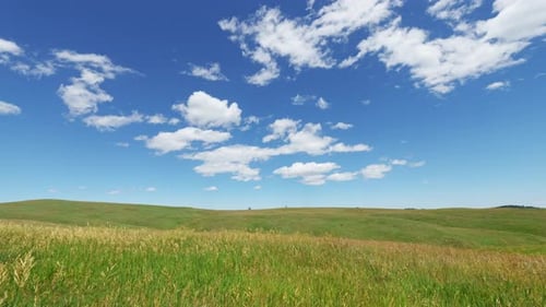 Timelapse of summer clouds flowing over a green grass field meadow during summer