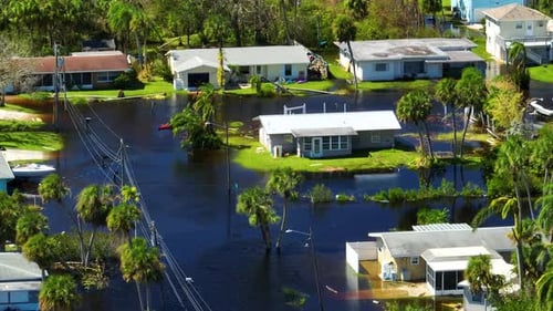 Surrounded By Hurricane Ian Rainfall Flood Waters Homes in Florida Residential Area