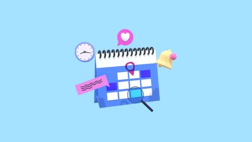 3D Calendar Animation with Icons on Blue Background for Daily Planning.