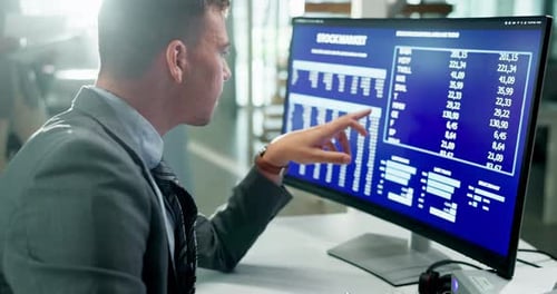 Man, computer screen and stock market analysis or finance growth for investment