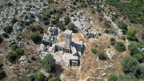 Drone shot of the Ancient City of Xanthos Necropolis in Türkiye