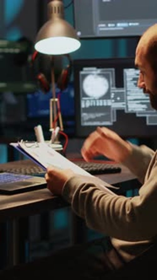 Vertical Video Software Developer Analyzing Web Data on Clipboard Papers and Screens