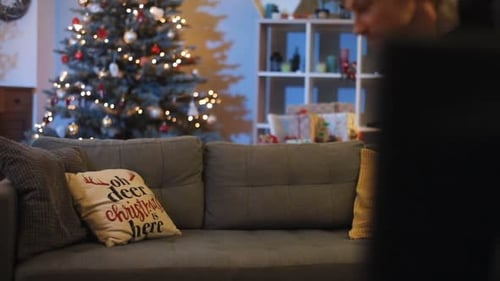 Nice Young Caucasian Man Jumping on Comfortable Sofa in Decorated Living Room Beautiful New Year s