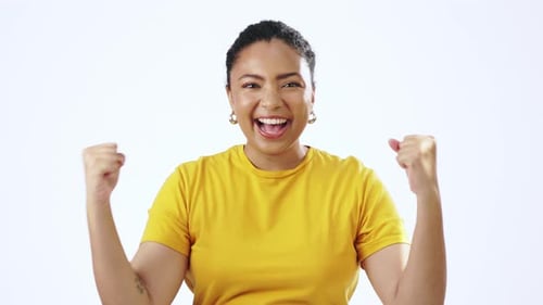 Woman Cheering with Excitement on White Background