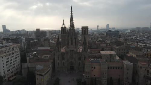 Aerial video of a Gothic tourist monument. Elevated shot of the Barcelona Cathedral