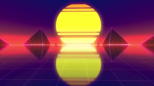 Synthwave-Pyramiden bei Sonnenuntergang, die Licht in einer futuristischen Retro-Szene reflektieren